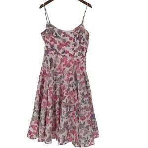 Cottagecore Pink Floral Butterfly Embroidered Cotton Flare Midi Dress XL READ